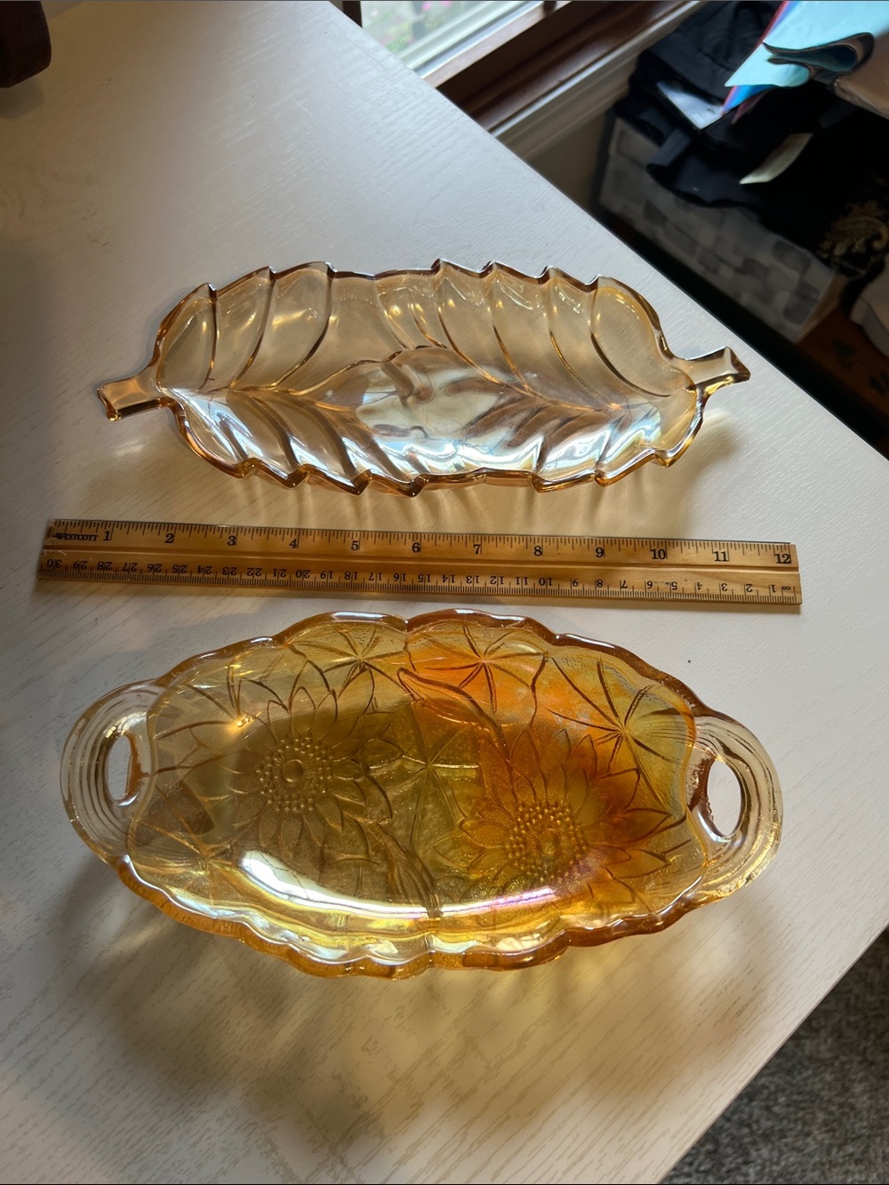 Vintage Amber Glass Leaf and Sunflower Celery/Garnish Trays - Set of 2